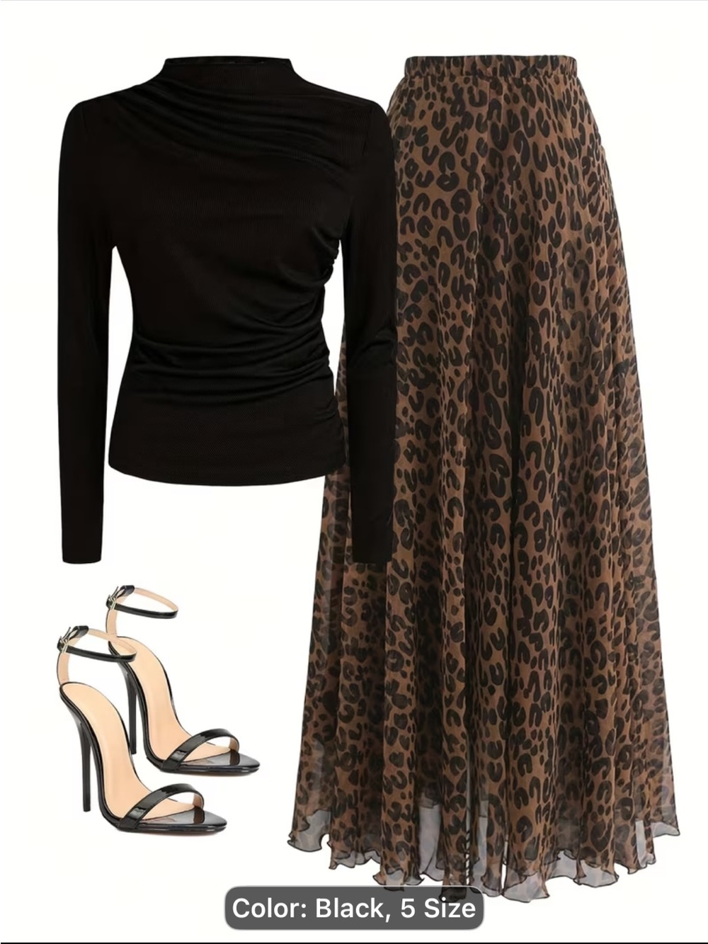 NEW! Black Long Sleeve Top with Brown Leopard Print Maxi Skirt Set